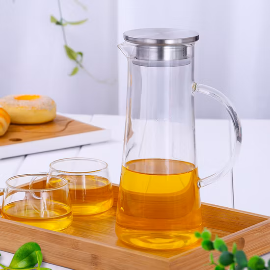 Jarra de cristal de 1,5 l y 2 l para hielo frío y agua caliente, zumo, leche, limón, jarra de cristal con tapa de acero inoxidable y mango de tetera de cristal